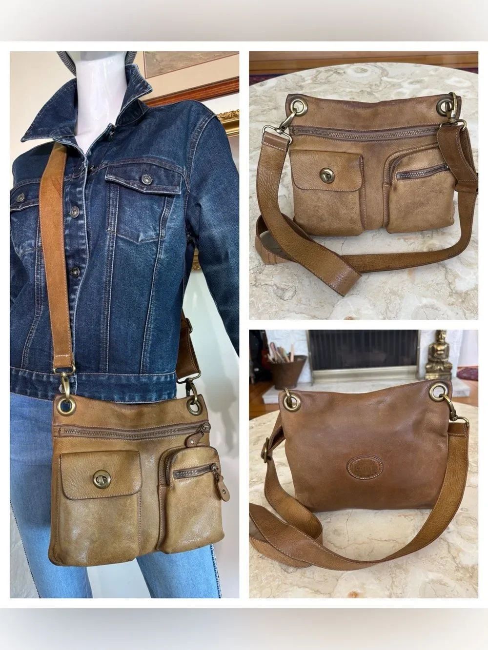 Roots Villager Tan Leather Crossbody Bag